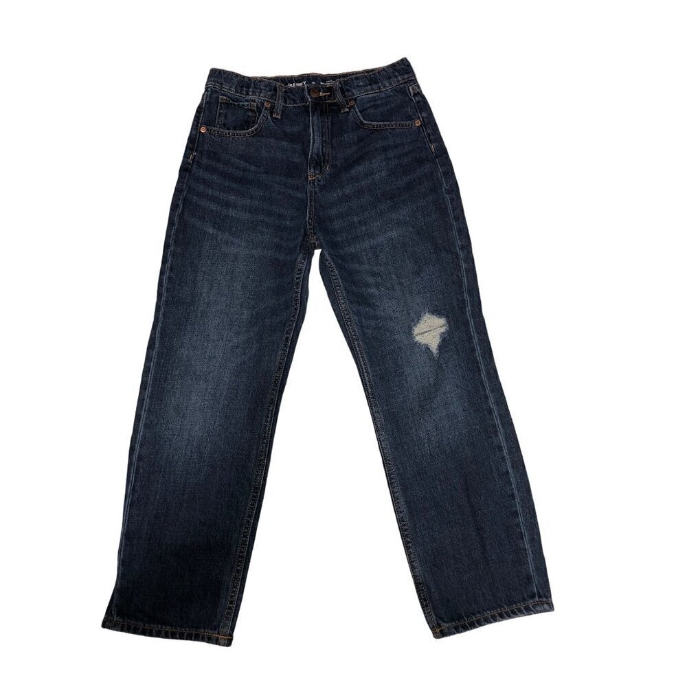 Old Navy High Rise Slouchy Straight Jeans Girls Size 12 Dark Wash Blue Distress